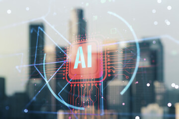 Poster - Double exposure of creative artificial Intelligence abbreviation hologram on blurry office buildings background. Future technology and AI concept