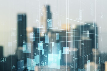 Poster - Abstract virtual stats data hologram on blurry skyline background. Multiexposure