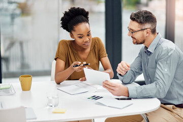 Poster - Meeting, woman and man with tablet in office for connection, communication and discussion. Businesspeople, coworkers and technology in talking for information, internet and online as project manager