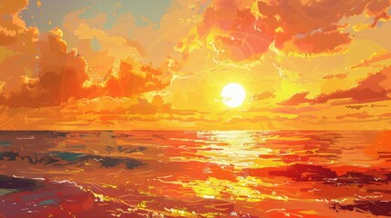 Wall Mural - An artistic depiction of a vibrant sea sunset or sunrise with yellow, red, and orange hues.

