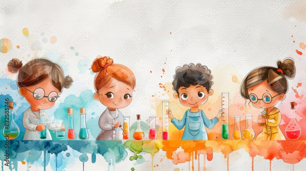 Kids conducting science experiments in a lab. They are wearing lab ...
