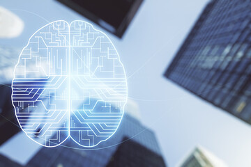 Poster - Virtual creative artificial Intelligence hologram with human brain sketch on modern architecture background. Double exposure