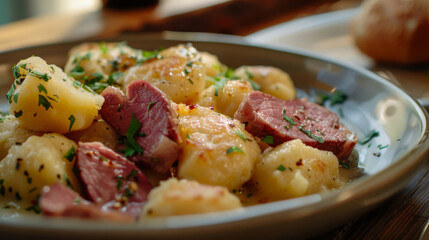 Wall Mural - Close-up of delicious czech potato dumplings served with smoked meat, garnished with fresh herbs on a wooden table setting