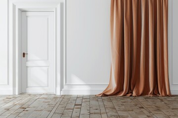 Sticker - 3D Empty Room Mockup with Brown Curtain, White Door and Wood Floor. House Interior Design Concept