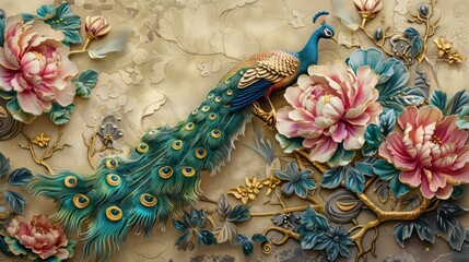 Wall Mural - Elegant leather base combines bright color floral with exotic oriental pattern flowers and peacocks illustration background. 3d abstraction wallpaper for interior mural wall art decor