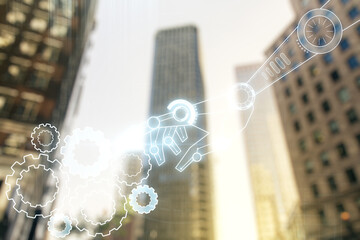 Aufkleber - Abstract virtual robotics technology sketch on blurry cityscape background, future technology and AI concept. Double exposure