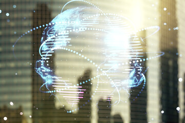 Poster - Abstract graphic digital world map hologram with connections on modern architecture background, globalization concept. Multiexposure