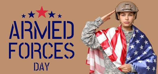 Wall Mural - Saluting female soldier in uniform and with flag of USA on beige background. Banner for Armed Forces Day