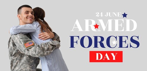 Wall Mural - Soldier with his little daughter hugging on light background. Banner for Armed Forces Day