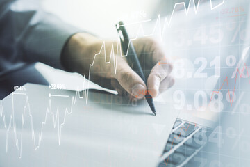 Poster - Multi exposure of abstract creative financial chart with hand writing in diary on background, research and analytics concept