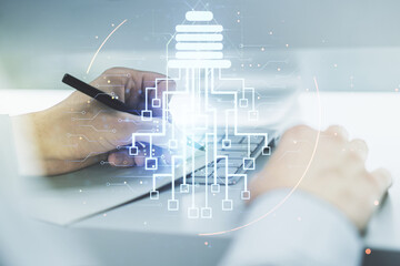 Poster - Creative light bulb illustration with microcircuit and hand writing in diary on background with laptop, future technology concept. Multiexposure