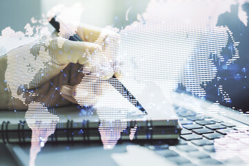 Aufkleber - Multi exposure of abstract graphic world map and hand writing in notepad on background with laptop, connection and communication concept