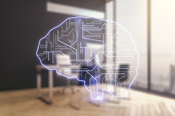 Poster - Creative artificial Intelligence concept with human brain sketch and modern desktop with pc on background. Double exposure