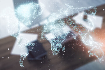 Aufkleber - Abstract creative world map and modern desktop with computer on background, international trading concept. Multiexposure