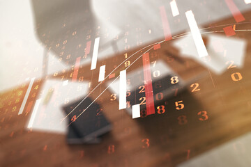 Poster - Multi exposure of abstract creative financial chart and modern desktop with laptop on background, research and analytics concept