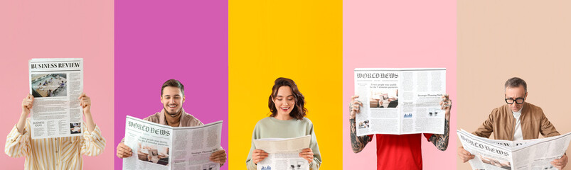 Sticker - Collage of different people reading newspapers on color background