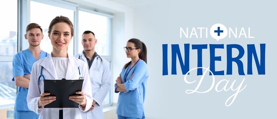 Canvas Print - Female doctor and her colleagues in clinic. Banner for National Intern Day