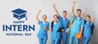 © Pixel-Shot - Group of happy medical students on light background. Banner for National Intern Day
