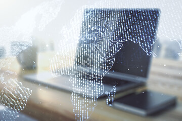 Poster - Multi exposure of abstract creative digital world map and modern desktop with computer on background, tourism and traveling concept