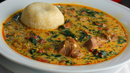 Wall Mural - Colorful image of a delicious african spinach stew served with fufu for a satisfying meal