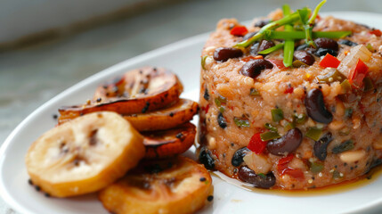 Wall Mural - Colorful rice and beans dish with green herb garnish, accompanied by grilled plantain slices on a white plate in close-up view