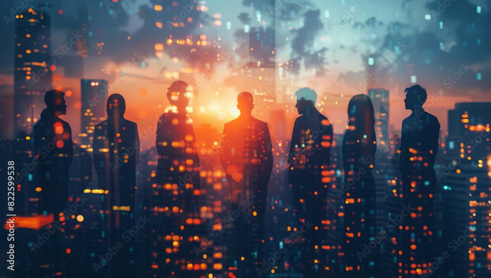 Double exposure image of many business people conference group meeting ...