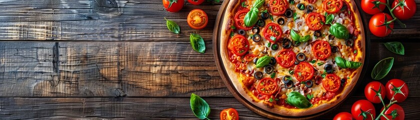 A delicious pizza topped with fresh tomatoes, basil, and cheese on a wooden table, surrounded by cherry tomatoes and basil leaves.