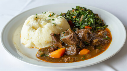 Wall Mural - Savory beef stew with carrots and herbs, served alongside creamy mashed potatoes and sautéed greens on a white plate
