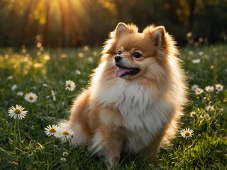 Wall Mural - Small, fluffy pomeranian dog stands in field of green grass dotted with white daisies under warm, glowing sunset. Sunlight filters through trees in background, casting soft golden light over scene.