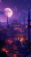 turkish city at night , purple night sky