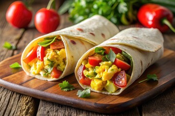 Wall Mural - Fresh Vegetable Wraps with Cherry Tomatoes on Wooden Table