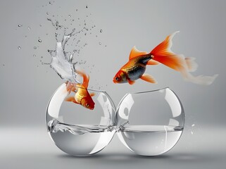Wall Mural - Goldfish Jumping Between Fishbowls on Light Background