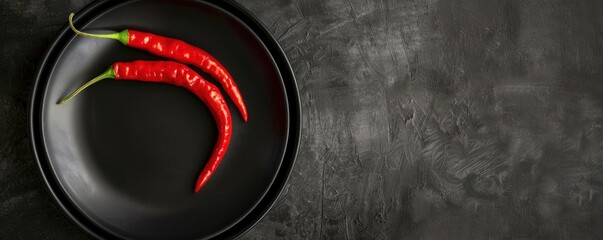 Wall Mural - A sleek, modern presentation of red hot chili peppers on a dark plate, set against a textured black background.
