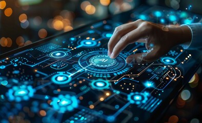 Poster - Individual interacting with AI interface on futuristic touchscreen
