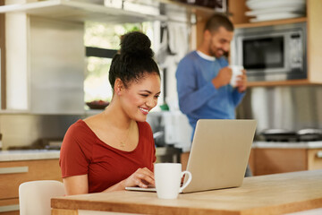 Aufkleber - Coffee, laptop and planning with couple in kitchen of home, reading information for online booking. Computer, happy or smile with man and woman in apartment for email, research or social media
