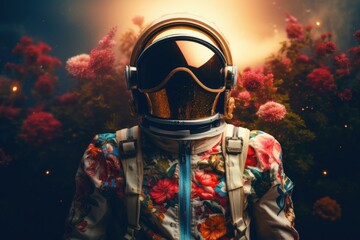 surreal portrait of an astronaut wearing a floral outfit and retro helmet against an ethereal backdr
