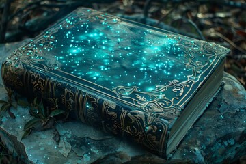 Book with glowing lights on rock