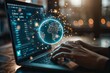 © Sandu - Person typing laptop glowing globe background