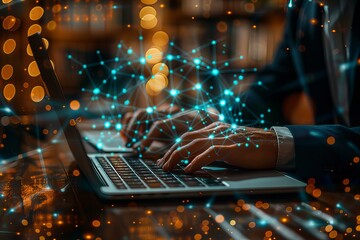 Person typing laptop with glowing lights