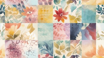 Wall Mural - Seamless watercolor floral pattern. Square vintage patchwork tile with flowers. Neutral multicolor watercolor ornament painted with paint on paper. Handmade. Print for textiles. grunge texture.