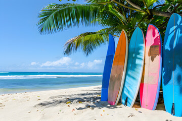 Wall Mural - Colorful surfboards standing in tropical beach sand with ocean in the background, perfect for vacation and water sports