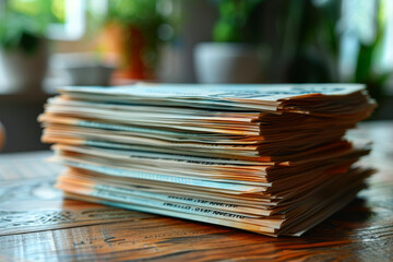 Poster - A stack of unpaid bills and overdue notices, portraying the financial strain on households. Concept of personal finance crisis and debt burden. Generative Ai.