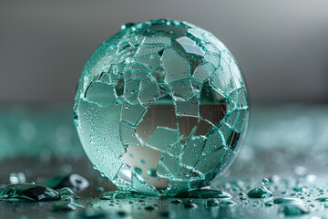 Poster - a cracked glass globe with fractured continents, suggesting the fragility of global stability. conce