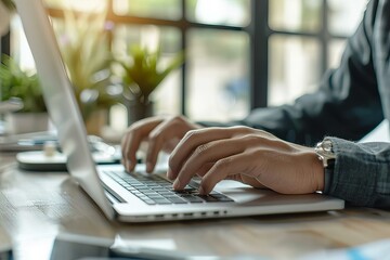 Poster - Person typing on laptop computer on wooden table