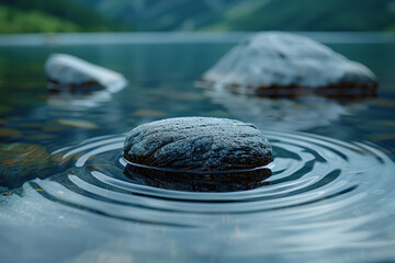 Sticker - A single pebble skipping across the surface of a glassy lake, leaving behind concentric ripples. Concept of skipping stones and playful moments. Generative Ai.