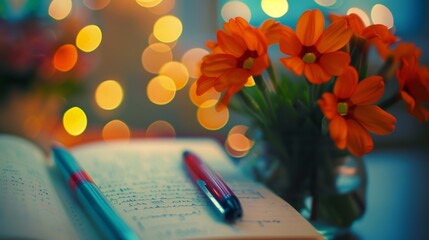 A journal with a pen and a bouquet of colorful pens ready for introspective writing.