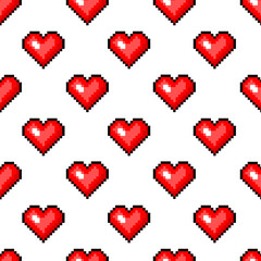 Fototapete -  Pixel art 8 bit fire objects. Heart in vintage style. Seamless pattern. Game icons set. Hand drawn engraved retro illustration.