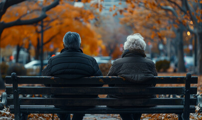 Canvas Print - A pair of elderly individuals sitting on a park bench, reminiscing about days gone by and sharing wisdom with each other. Concept of elder wisdom and nostalgia. Generative Ai.