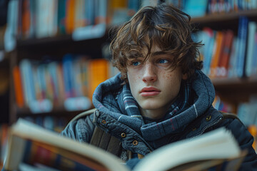 Poster - A student engrossed in their studies at a quiet library, surrounded by books and immersed in learning. Concept of academic pursuit and knowledge. Generative Ai.