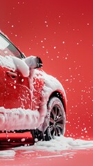 red modern car in foam on a car wash on a red background with copy space. car care banner with place for text. no people .cleaning. vertical photo.